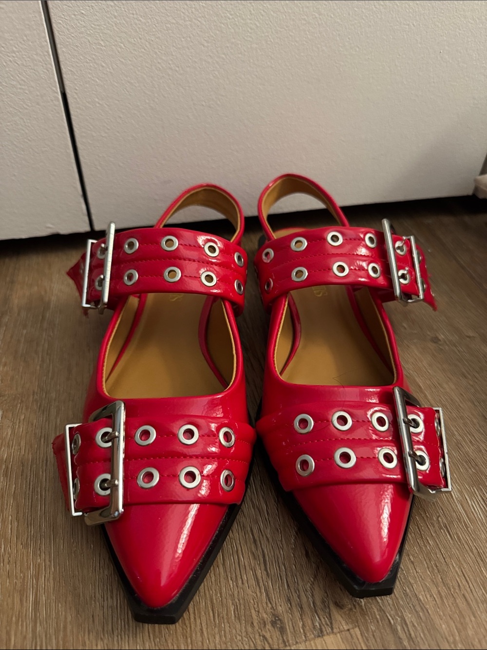 Red Pointed Toe Buckle Flats - Women Shoes